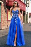 Royal Blue A-Line Applique Spaghetti Strap Prom Dress with Slit
