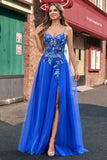 Royal Blue A Line Applique Spaghetti Strap Tulle Prom Dress with Slit