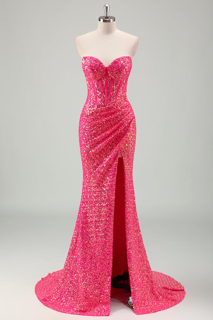 Fuchsia Sweetheart Mermaid Prom Dress Satin Long Split Gown