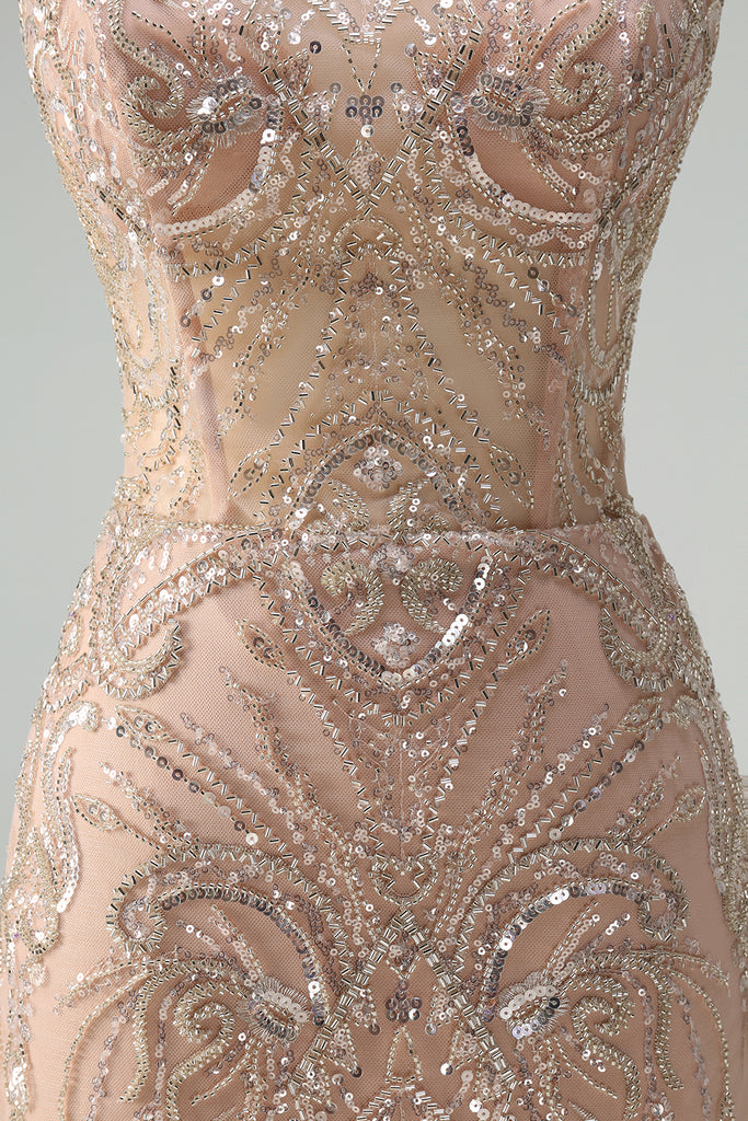 Champagne Spaghetti Straps Mermaid Formal Long Prom Dress,DP793 main image 1
