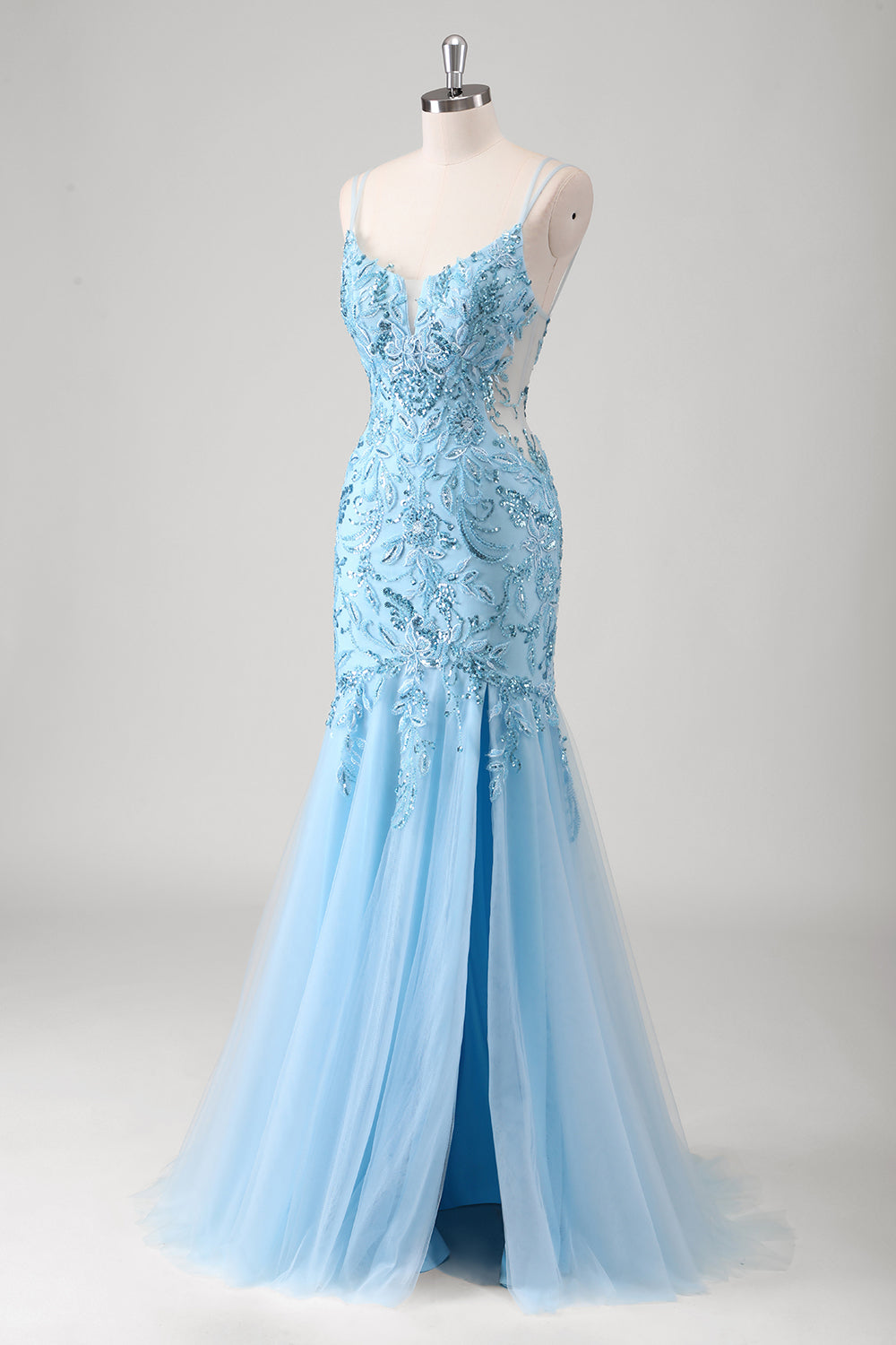 Blue Floral Mermaid Spaghetti Straps Corset Long Prom Dress with Appliques