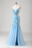 Blue Floral Mermaid Spaghetti Straps Corset Long Prom Dress with Appliques