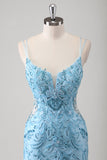 Blue Floral Mermaid Spaghetti Straps Corset Long Prom Dress with Appliques