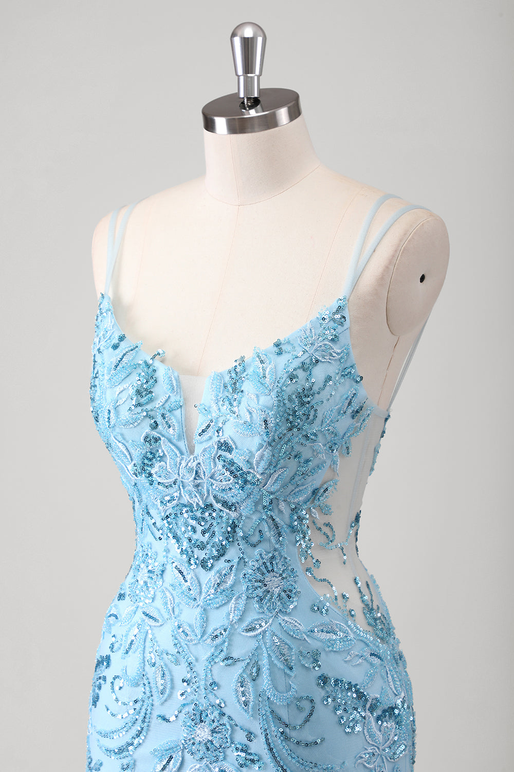 Blue Floral Mermaid Spaghetti Straps Corset Long Prom Dress with Appliques