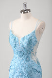 Blue Floral Mermaid Spaghetti Straps Corset Long Prom Dress with Appliques