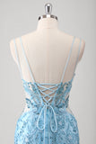 Blue Floral Mermaid Spaghetti Straps Corset Long Prom Dress with Appliques