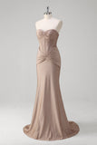 Sparkly Khaki Mermaid Sweetheart Satin Long Prom Dress