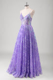 Sparkly Purple Floral Spaghetti Straps Long Prom Dress with Appliques