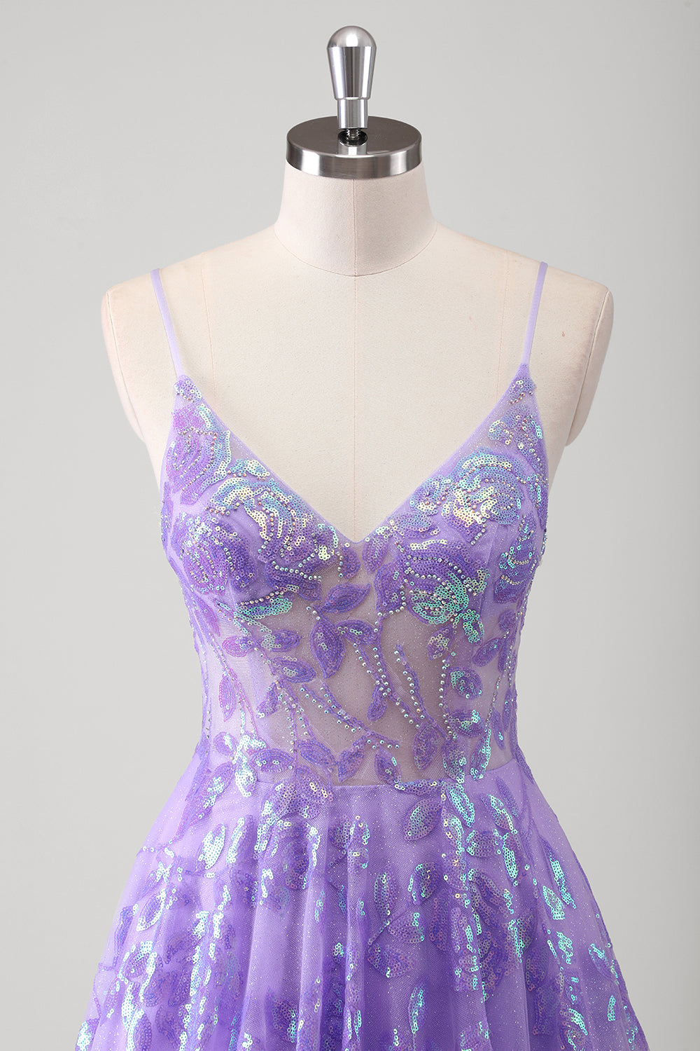 Sparkly Purple Floral Spaghetti Straps Long Prom Dress with Appliques
