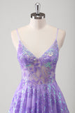 Sparkly Purple Floral Spaghetti Straps Long Prom Dress with Appliques