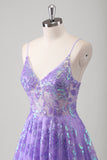 Sparkly Purple Floral Spaghetti Straps Long Prom Dress with Appliques