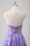 Sparkly Purple Floral Spaghetti Straps Long Prom Dress with Appliques