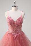 A-Line Coral Applique Beaded Spaghetti Straps Long Prom Dress