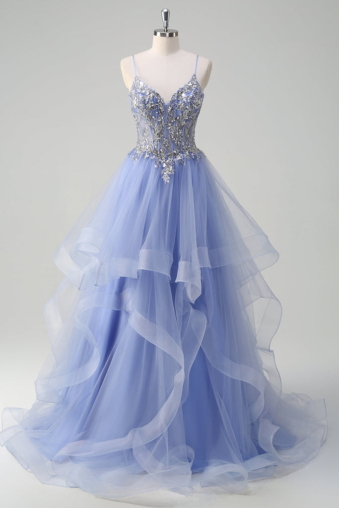 Dusty Blue A Line Spaghetti Straps Corset Spiral Ruffles Long Prom Dress main image 1