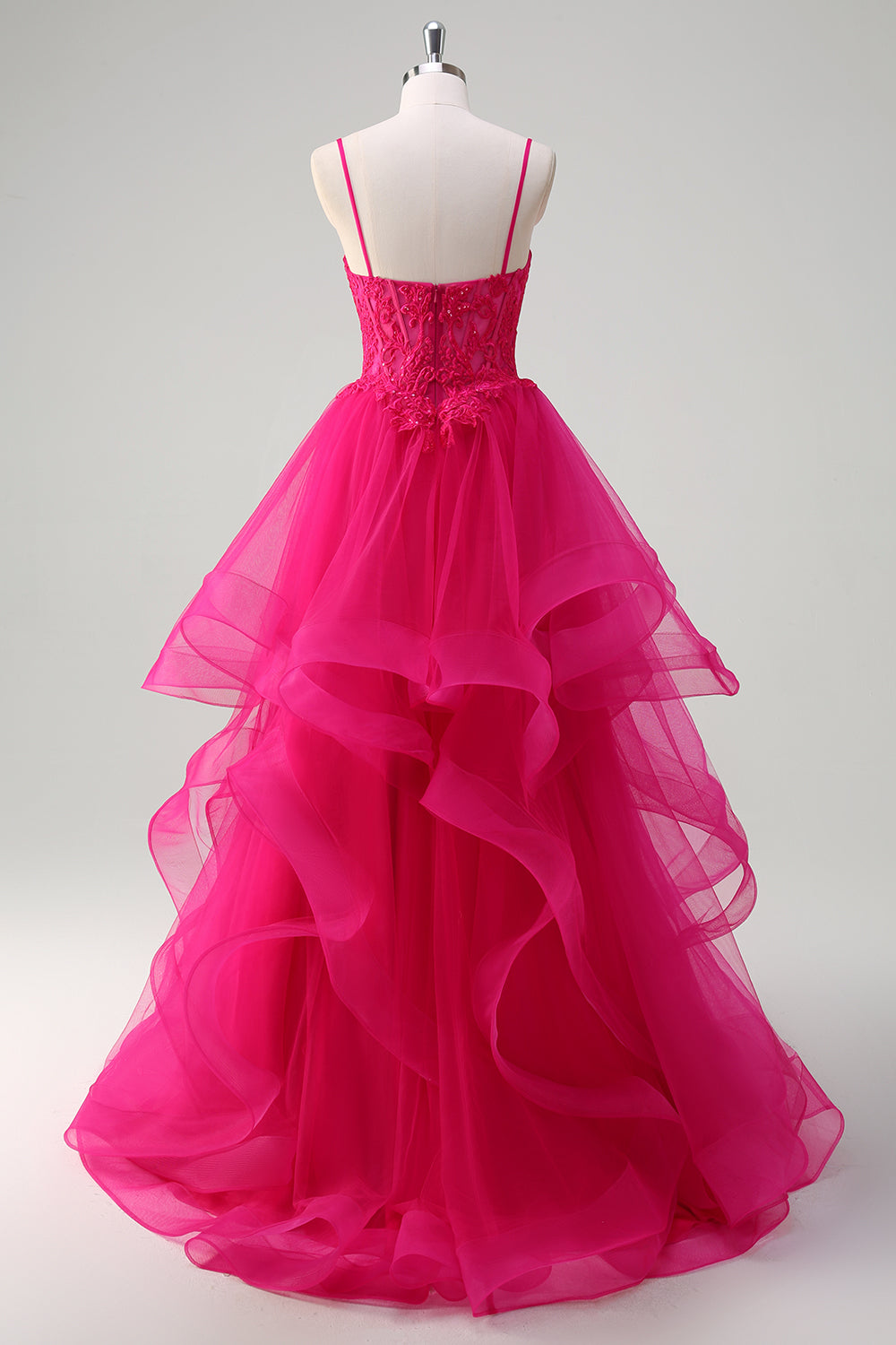 Zapakasa Women Hot Pink Spiral Ruffles Prom Dress with Appliques Corset Spaghetti Straps A Line Tulle Long Formal Dress Zapakasa Women Hot Pink Spiral Ruffles Prom Dress with Appliques Corset Spaghetti Straps A Line Tulle Long Formal Dress