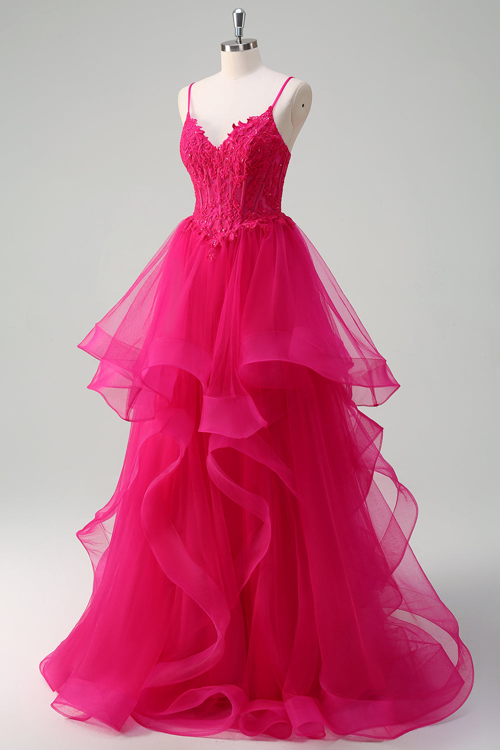 Zapakasa Women Hot Pink Spiral Ruffles Prom Dress with Appliques Corset Spaghetti Straps A Line Tulle Long Formal Dress Zapakasa Women Hot Pink Spiral Ruffles Prom Dress with Appliques Corset Spaghetti Straps A Line Tulle Long Formal Dress