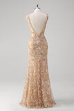 Sparkly Champagne Floral Beaded Mermaid V-Neck Long Prom Dress