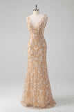 Sparkly Champagne Floral Beaded Mermaid V-Neck Long Prom Dress