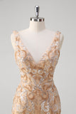 Sparkly Champagne Floral Beaded Mermaid V-Neck Long Prom Dress