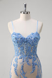Sparkly Blue Mermaid Spaghetti Straps Long Prom Dress with Appliques