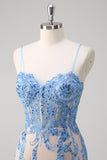 Sparkly Blue Mermaid Spaghetti Straps Long Prom Dress with Appliques