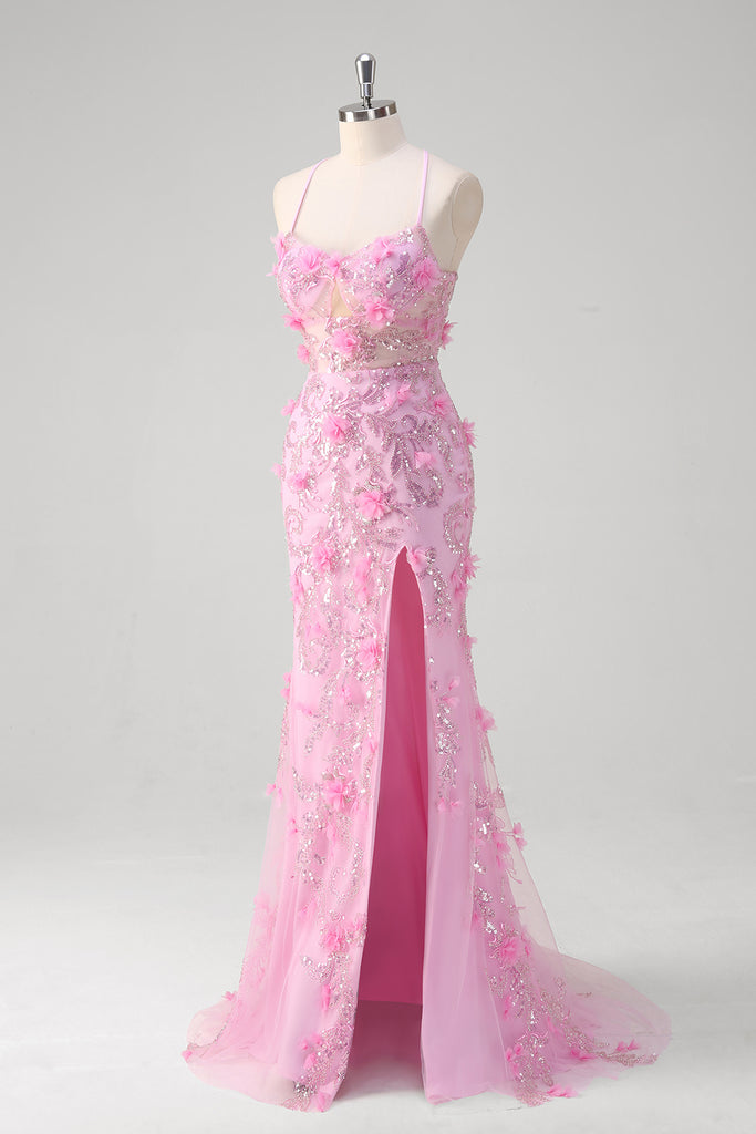 Beautiful Pink Floral Lace Prom Dress Spaghetti Strap Fitted Mermaid Gown,OLP2028