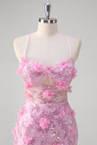 Sparkly Pink Floral Mermaid Spaghetti Straps Hollow Out Long Prom Dress with Slit