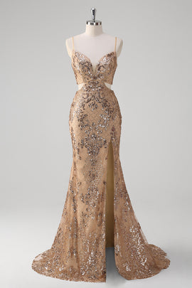 Zapakasa Women Sparkly Champagne Mermaid Applique Prom Dress Spaghetti Straps Evening Dress with Slit Zapakasa Women Sparkly Champagne Mermaid Applique Prom Dress Spaghetti Straps Evening Dress with Slit