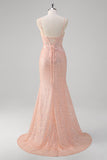 Sparkly Blush Mermaid Beaded Spaghetti Straps Corset Long Prom Dress with Slit