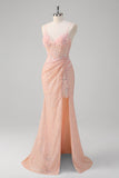 Sparkly Blush Mermaid Beaded Spaghetti Straps Corset Long Prom Dress with Slit