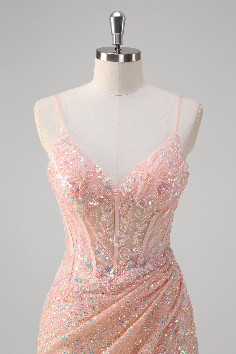Sparkly Blush Mermaid Beaded Spaghetti Straps Corset Long Prom Dress with Slit