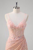 Sparkly Blush Mermaid Beaded Spaghetti Straps Corset Long Prom Dress with Slit