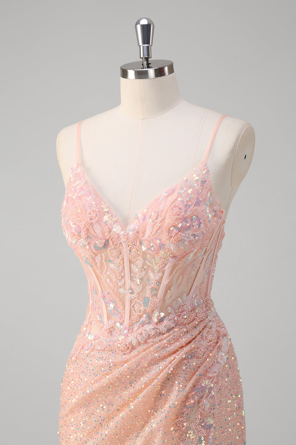 Sparkly Blush Mermaid Beaded Spaghetti Straps Corset Long Prom Dress with Slit