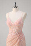 Sparkly Blush Mermaid Beaded Spaghetti Straps Corset Long Prom Dress with Slit