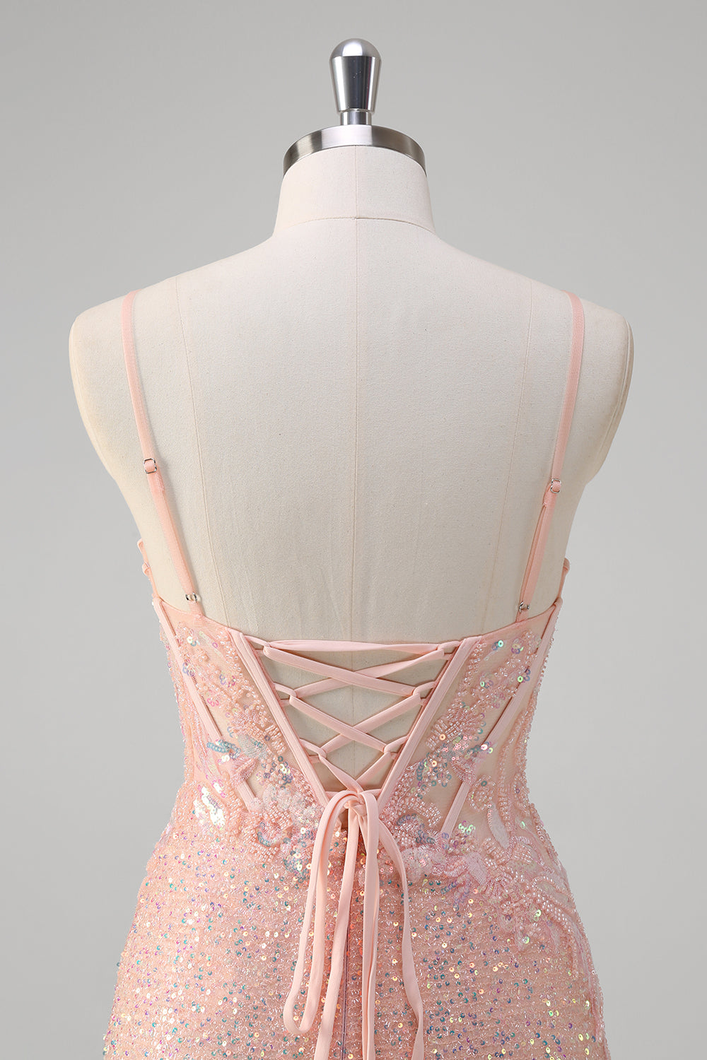 Sparkly Blush Mermaid Beaded Spaghetti Straps Corset Long Prom Dress with Slit