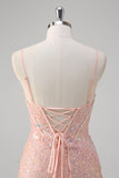 Sparkly Blush Mermaid Beaded Spaghetti Straps Corset Long Prom Dress with Slit