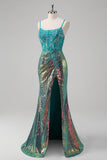 Sparkly Peacock Green Mermaid Applique Spaghetti Straps Long Prom Dress with Slit