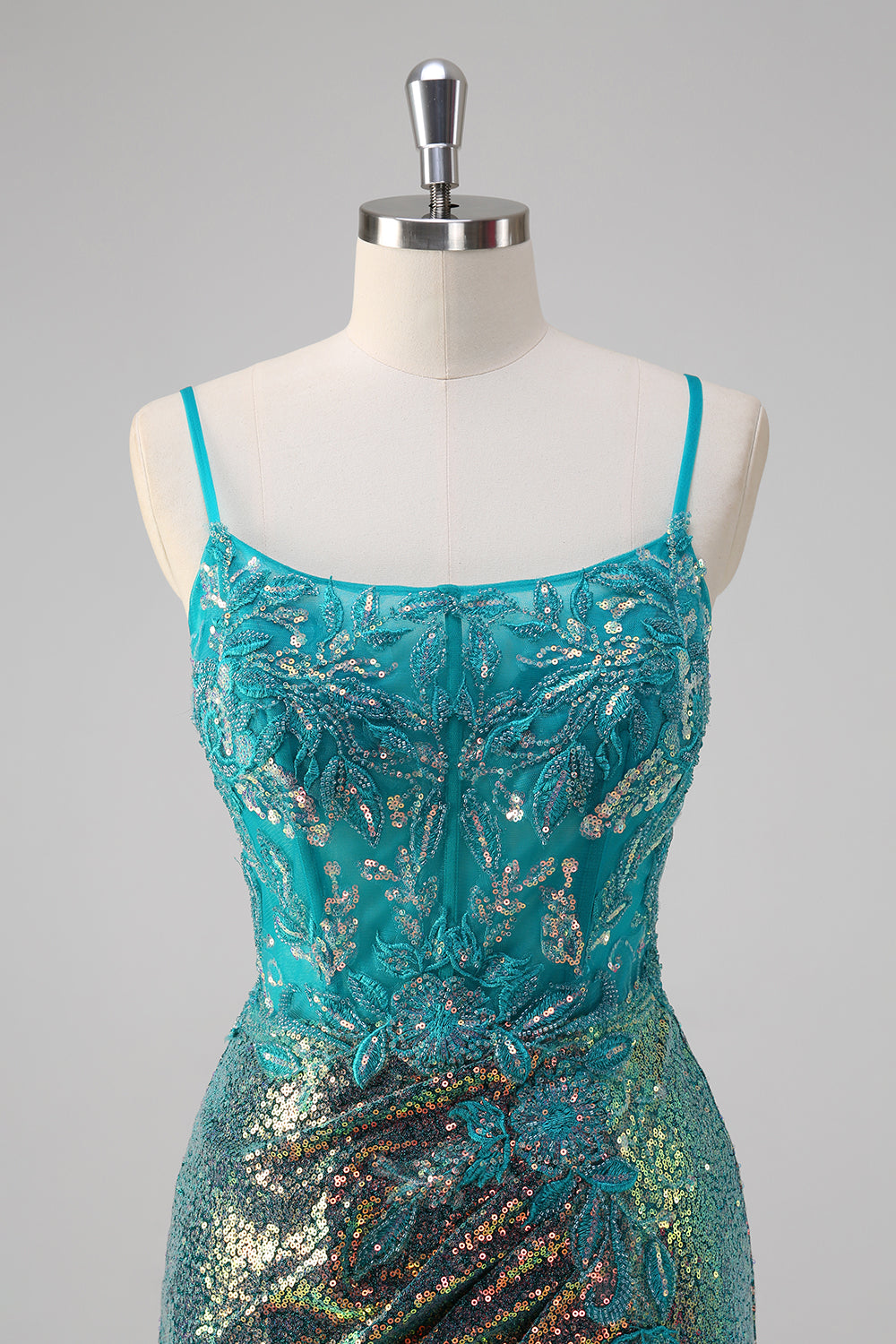 Sparkly Peacock Green Mermaid Applique Spaghetti Straps Long Prom Dress with Slit