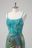 Sparkly Peacock Green Mermaid Applique Spaghetti Straps Long Prom Dress with Slit