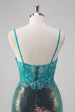 Sparkly Peacock Green Mermaid Applique Spaghetti Straps Long Prom Dress with Slit