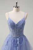 Dusty Blue A Line Spaghetti Straps Corset Spiral Ruffles Long Prom Dress