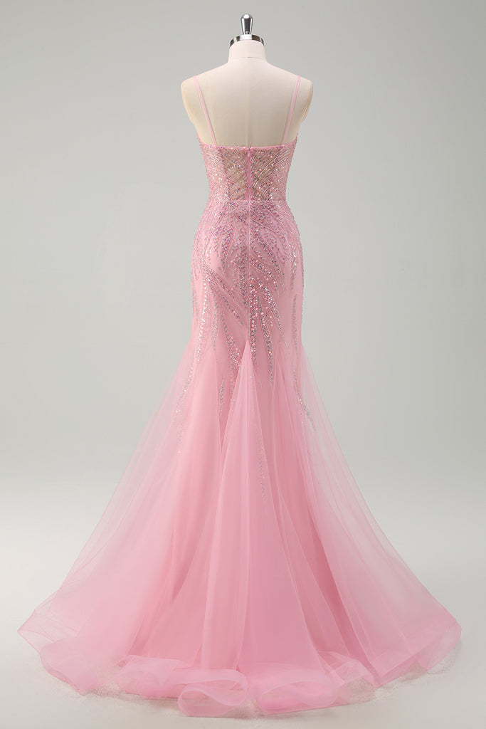 Mermaid Spaghetti Straps Light Pink Long Prom Dress with Appliques Y7020