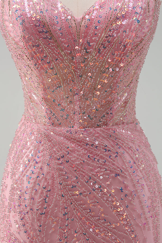 Pretty Mermaid Straps Pink Satin Prom Dresses Long Party Dress main image 0