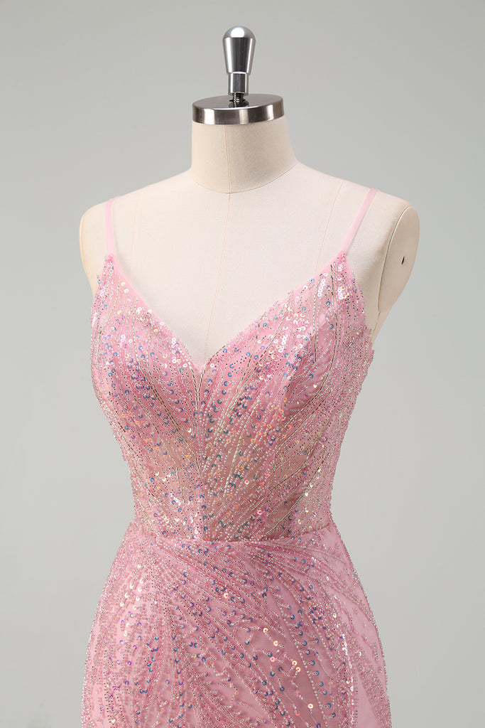 Sexy Mermaid Pink Prom Dress Spaghetti Straps Lace