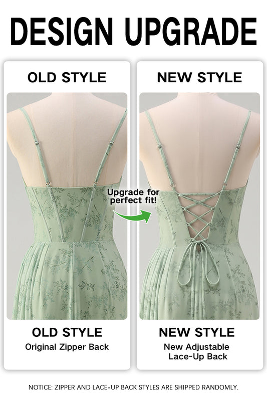 Dusty Sage Corset Floral Print Bridesmaid Dress with Slit