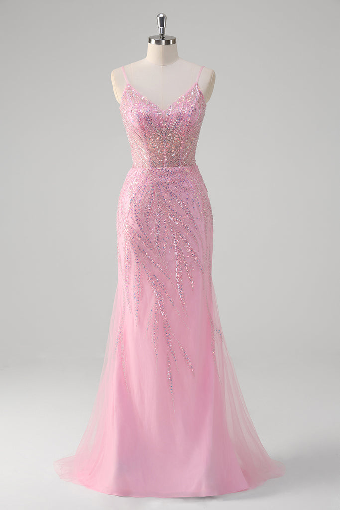Elegant Pink Mermaid Prom Dress with Ruffles & Spaghetti-Straps Split main image 0