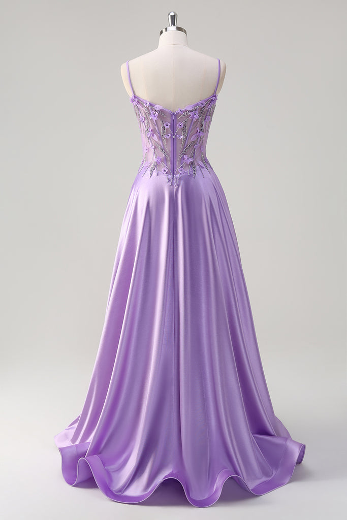 Purple A Line Appliqued Pleated Long Ball Dress with Slit