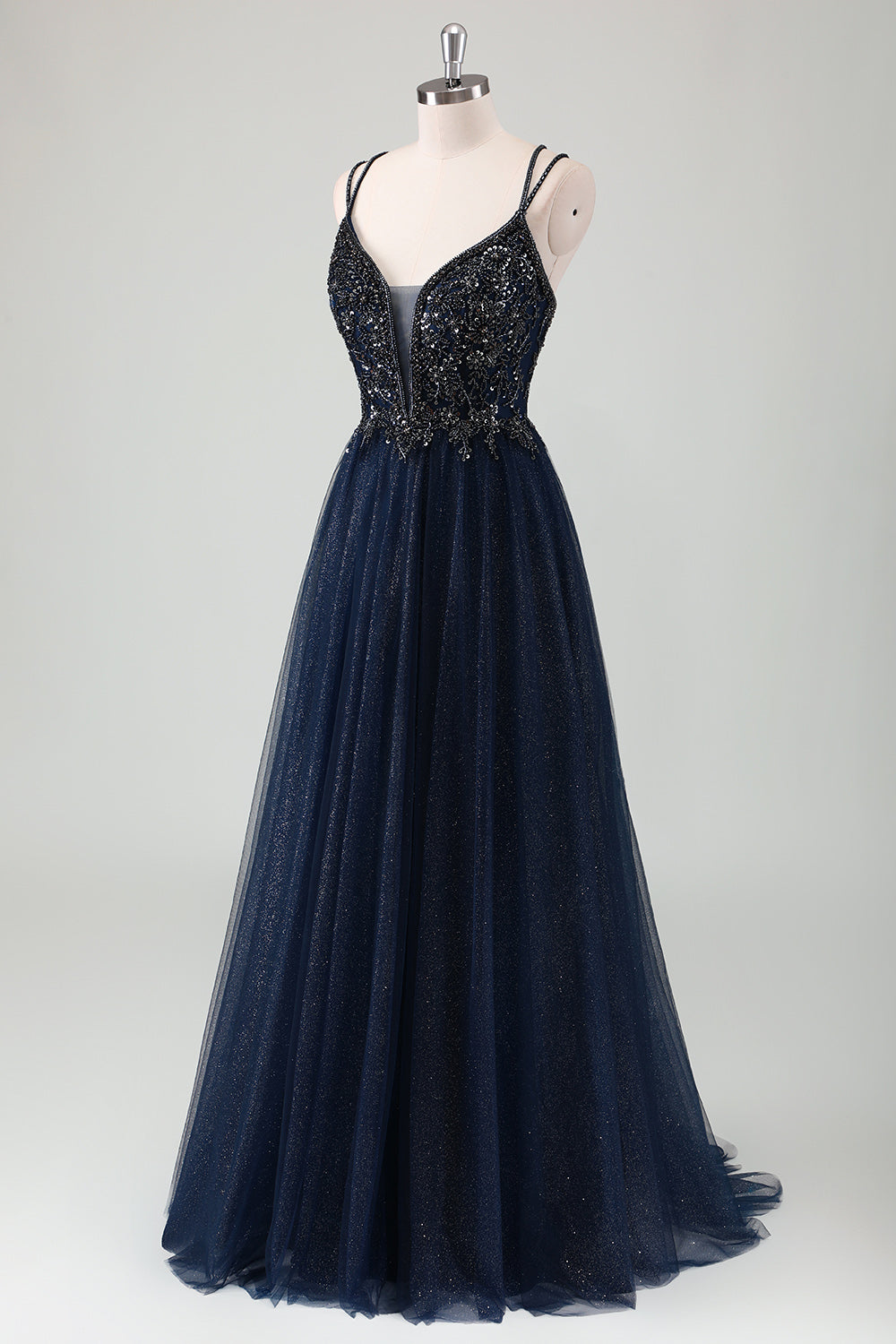 Sparkly Navy V-Neck Beaded Spaghetti Straps Prom Dress