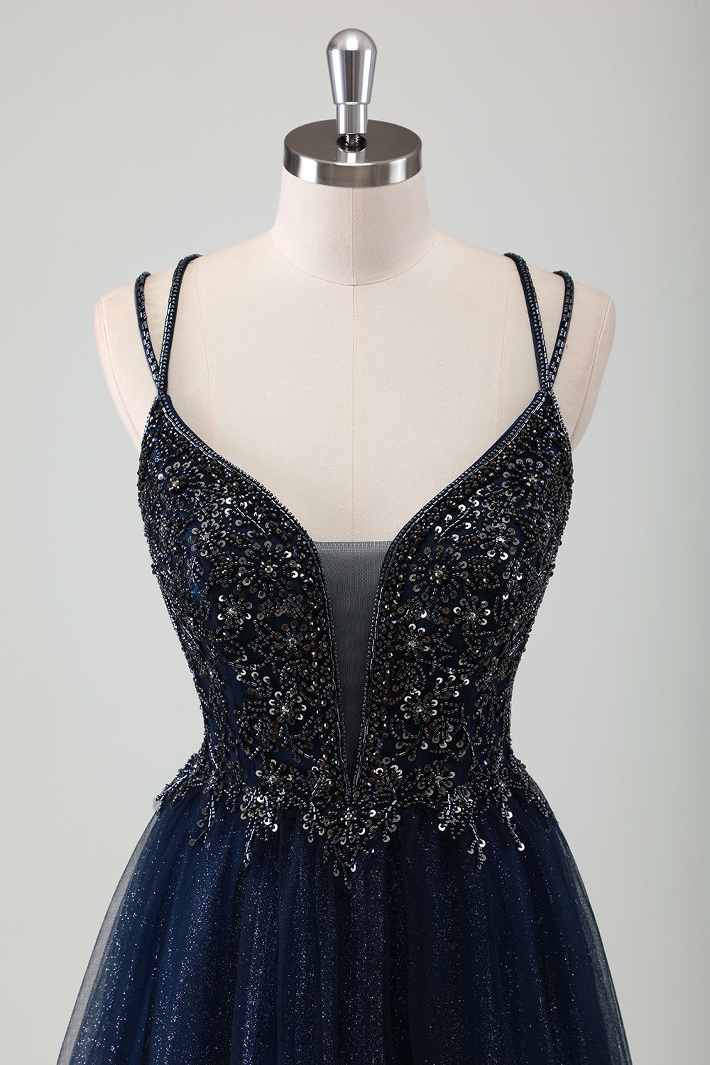 Sparkly Navy V-Neck Beaded Spaghetti Straps Prom Dress