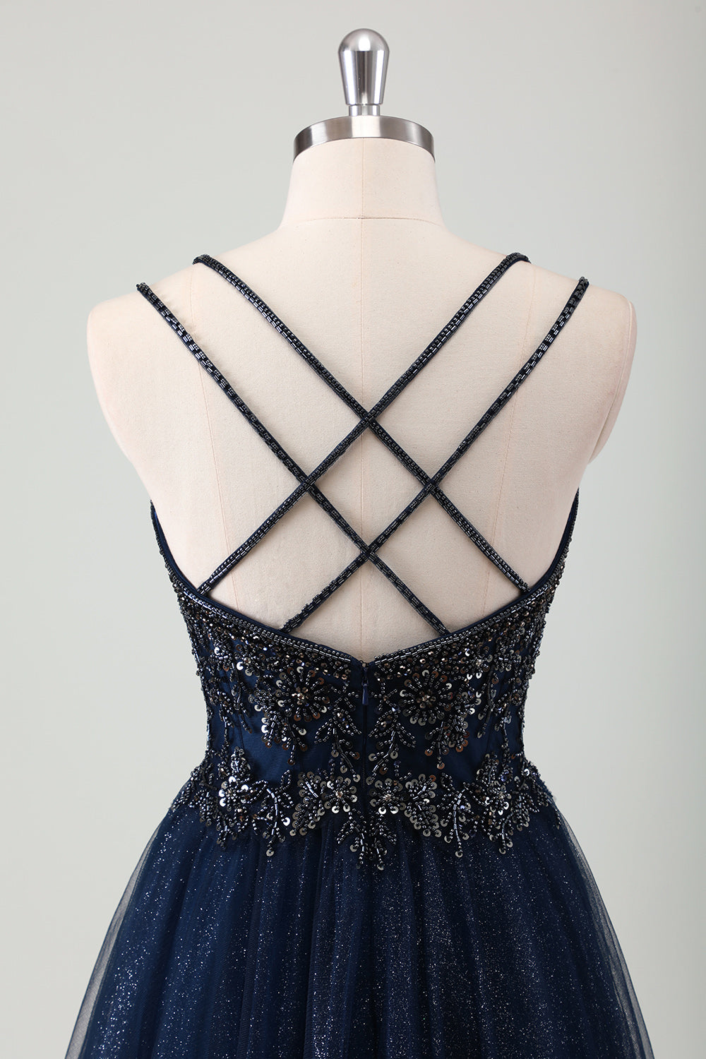 Sparkly Navy V-Neck Beaded Spaghetti Straps Prom Dress